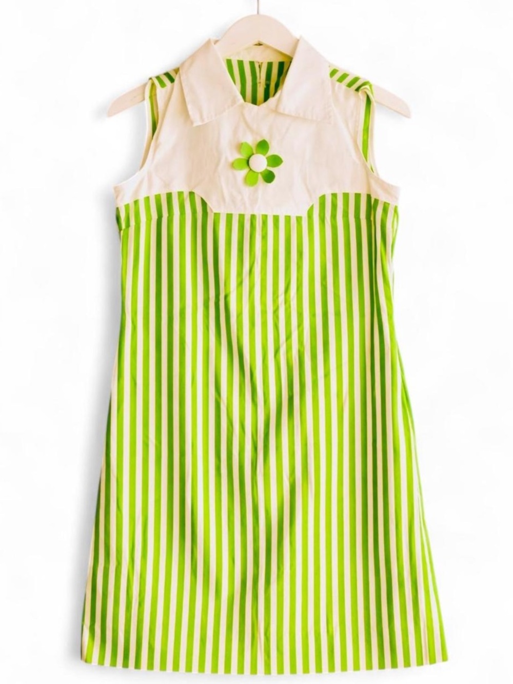 Vintage 60s-70s Mod Green Striped Shift Dress Flower Power Collar S/M Sears